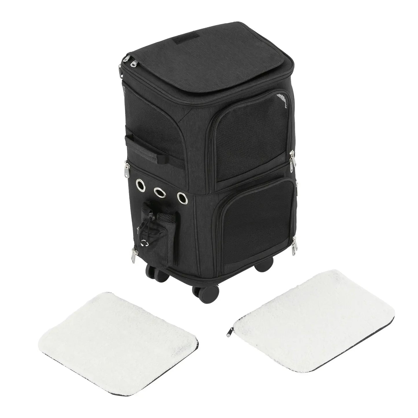 Black Double-Compartment Pet Rolling Carrier—PBT/Oxford Cloth, 4 Removable Wheels+18.11in Rod, 22.05lbs Load, Foldable for Trips