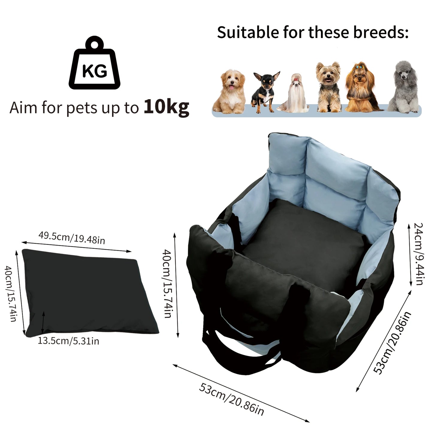 Dog Car Seat Safe & Cozy Travel Bed and Carrier for Small Dogs, Puppies, Pets up to 10 KG, Clip-On Leash & Storage Pockets