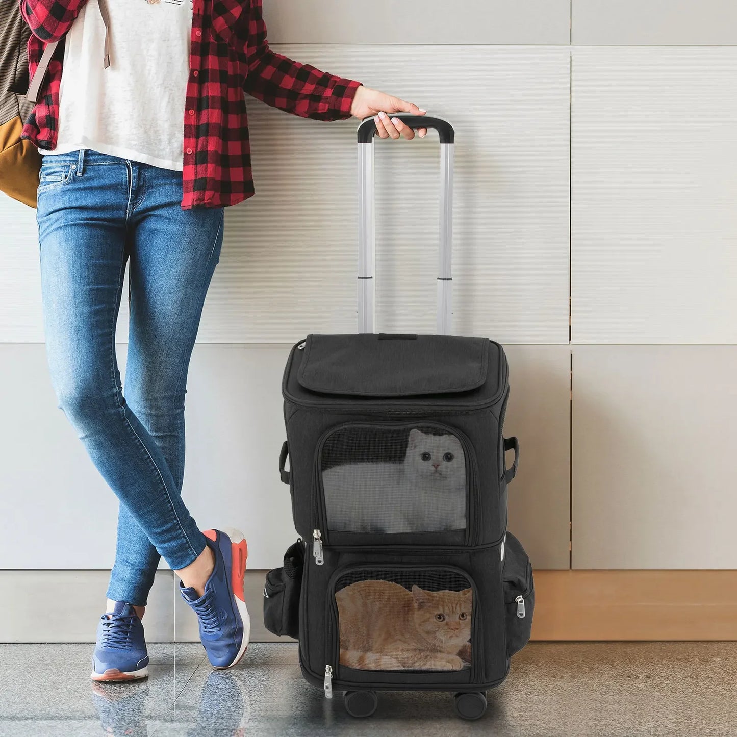 Black Double-Compartment Pet Rolling Carrier—PBT/Oxford Cloth, 4 Removable Wheels+18.11in Rod, 22.05lbs Load, Foldable for Trips