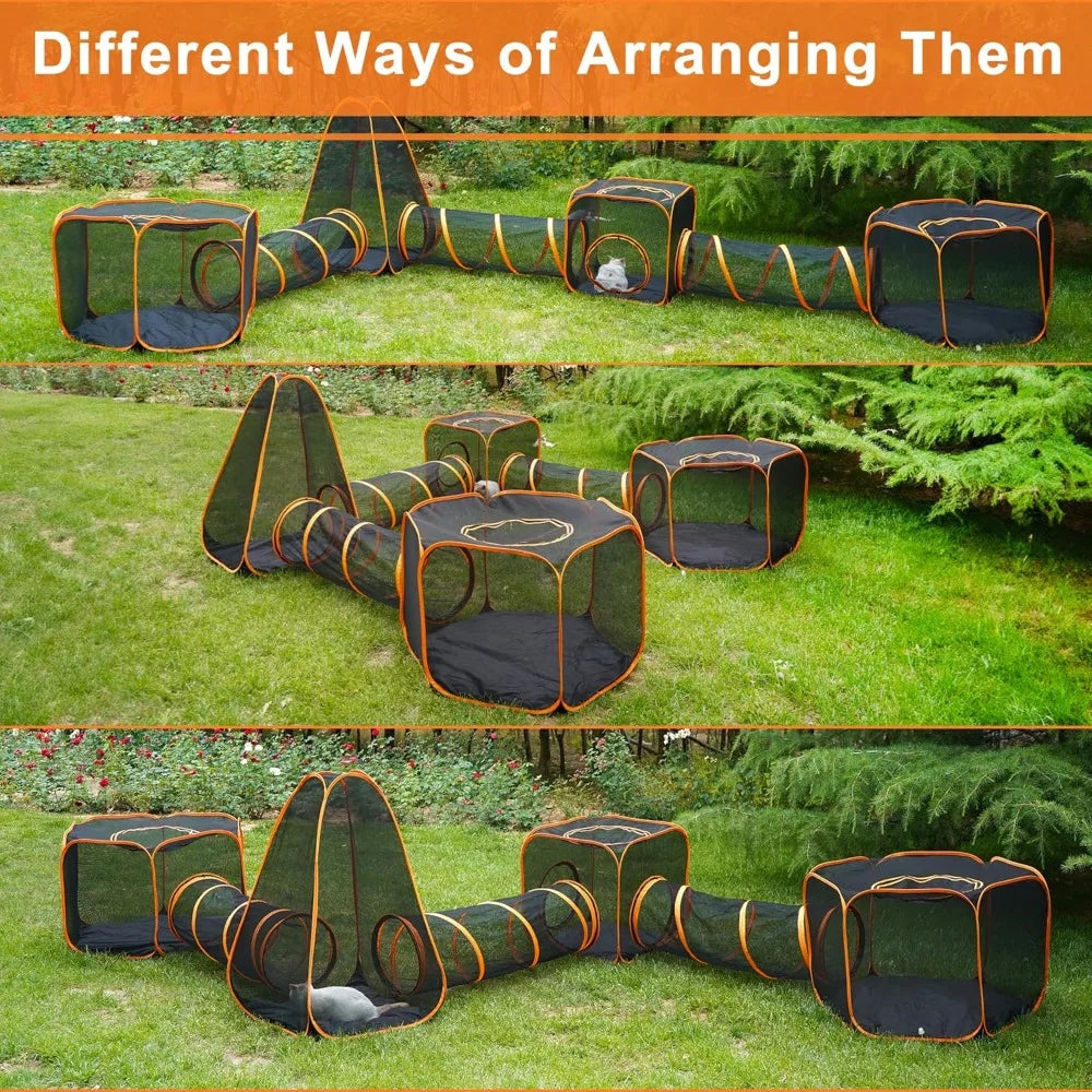 7 in 1 Outdoor Cat Enclosure, Foldable Pop-Up Mesh Playpen Tunnel for Pet Run, Foldable Outside Enclosed Tent Cage for Small Dog