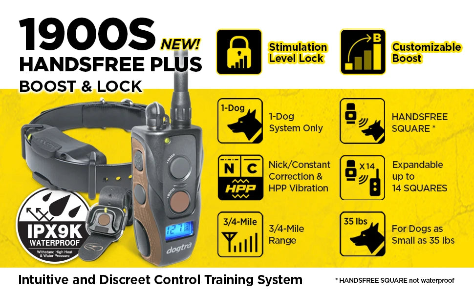 Remote Dog Training E-Collar, HANDSFREE Square, 3/4-Mile Range, Rechargeable, Waterproof, High-Output, 1 Dog System, eCollar
