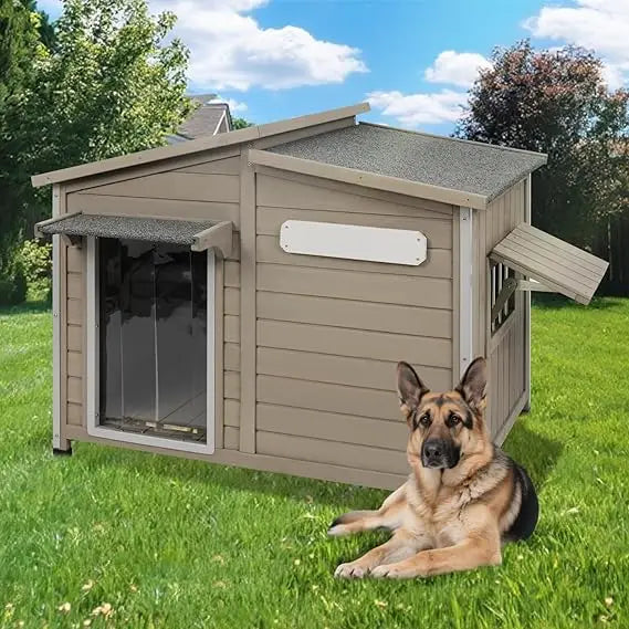 Outdoor Wooden Dog House, Weatherproof with Adjustable Vent Windows, Alloy Chew-Resistant Frame, Removable Floor