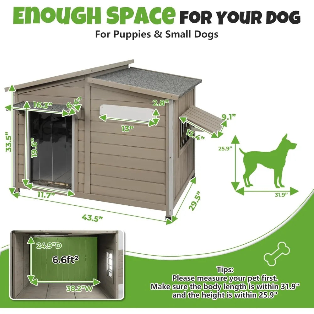 Outdoor Wooden Dog House, Weatherproof with Adjustable Vent Windows, Alloy Chew-Resistant Frame, Removable Floor