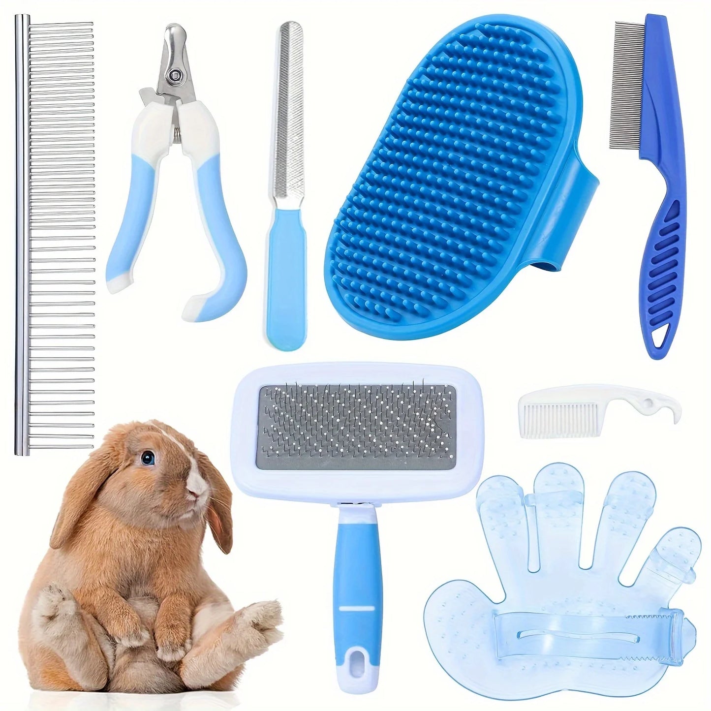 8-Piece Rabbit Grooming Kit with Silicone Brushes and Rubber Bristles - Pet Grooming Set for Small Animals - Includes Nail Clipp