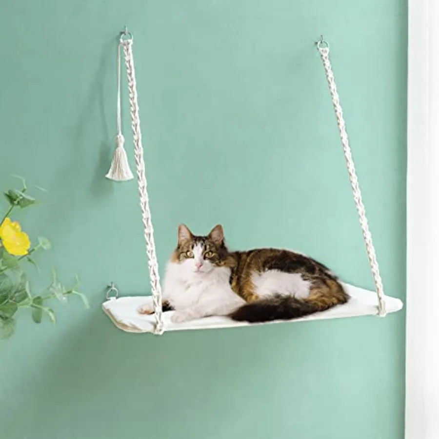 Cat Window Perch Macrame Boho Cat Hammock Wall Mounted Cat Bed for Indoor Cat Pet Resting Seat Safety Space Saving Cat Shelves