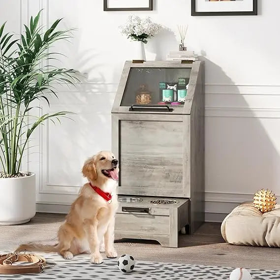 Feeding Station, Dog Food Storage Cabinet with 2 Elevated Bowls, Pet Storage Cabinet, Modern Feeder, Pet Feeding Station