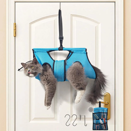 Pet Grooming Hammock - Adjustable Height, 30 lb Capacity - Door-Hook Hanging, Foldable - Includes Tool Bag - Blue