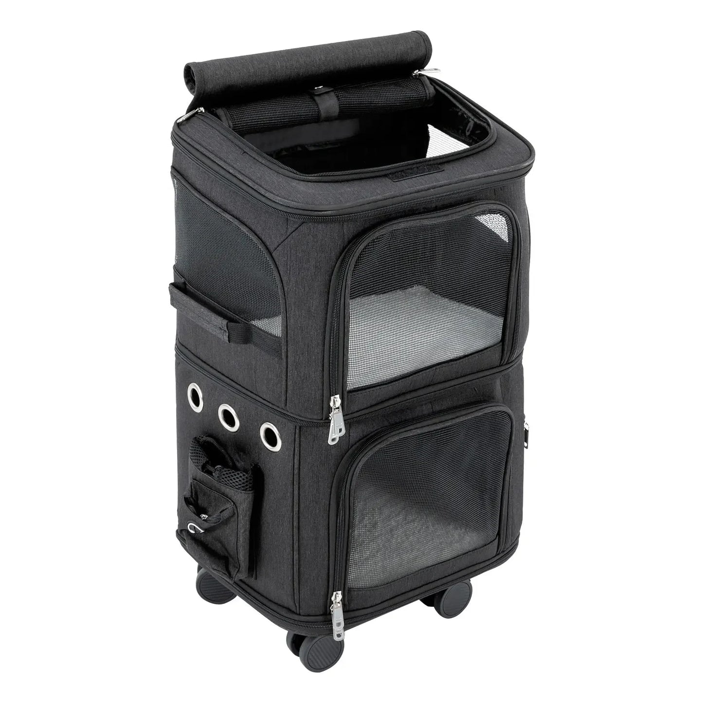Black Double-Compartment Pet Rolling Carrier—PBT/Oxford Cloth, 4 Removable Wheels+18.11in Rod, 22.05lbs Load, Foldable for Trips