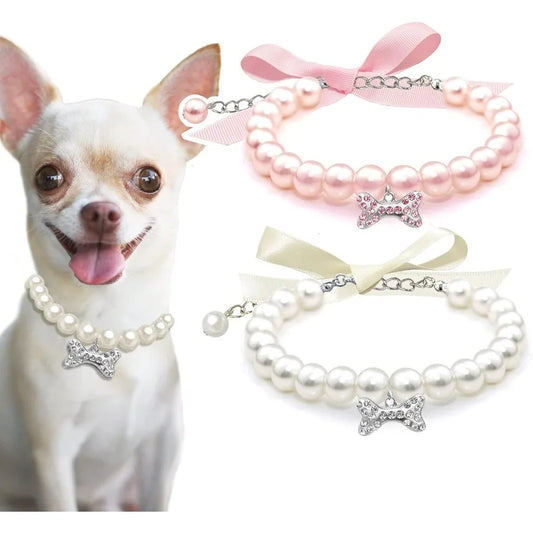 2 Pcs Dog Cat Pearl Collar Necklace with Rhinestone Bone Fay Cat Wedding Collar Jewelry for Girl Cat Puppy Dogs Accessories Pin