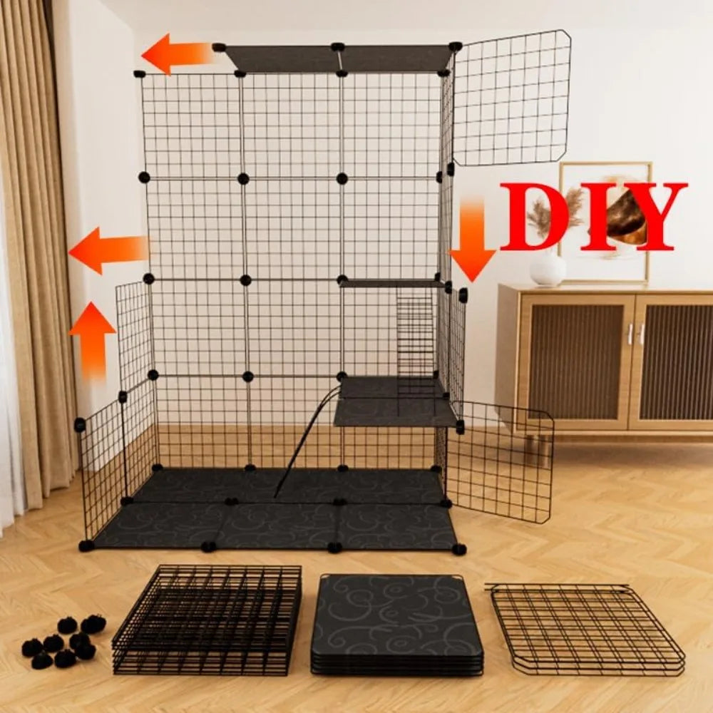 Indoor Cat Cage Enclosure DIY,Cat Playpen Catio Thick Metal Wire Kennels for 1-3 Cats Kitten Cage Detachable Patio Cat Crate （On