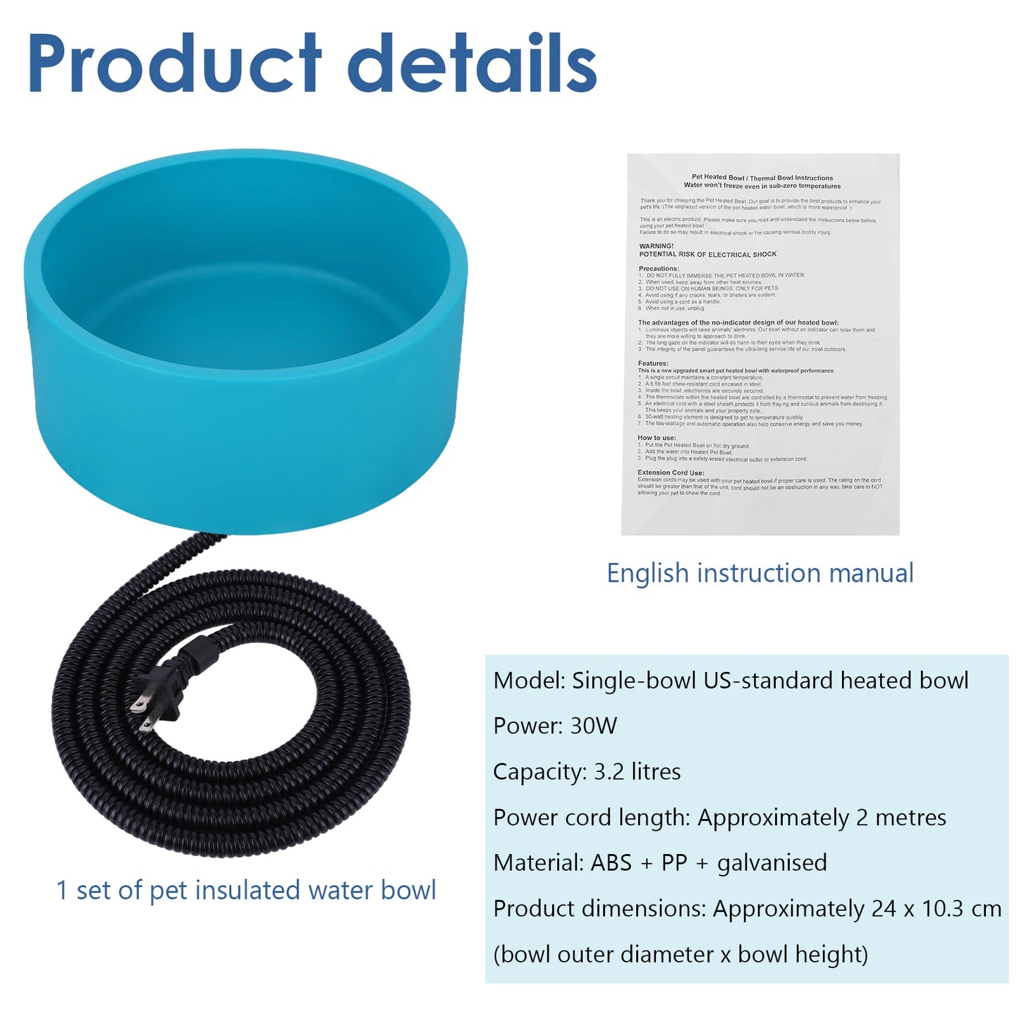 Heated Water Bowl 3.2 L/108 Oz Outdoor Thermal Pet Bowl Anti-Freeze Heated Pet Water Dish in Winter for Dog Cat Chicken Duck