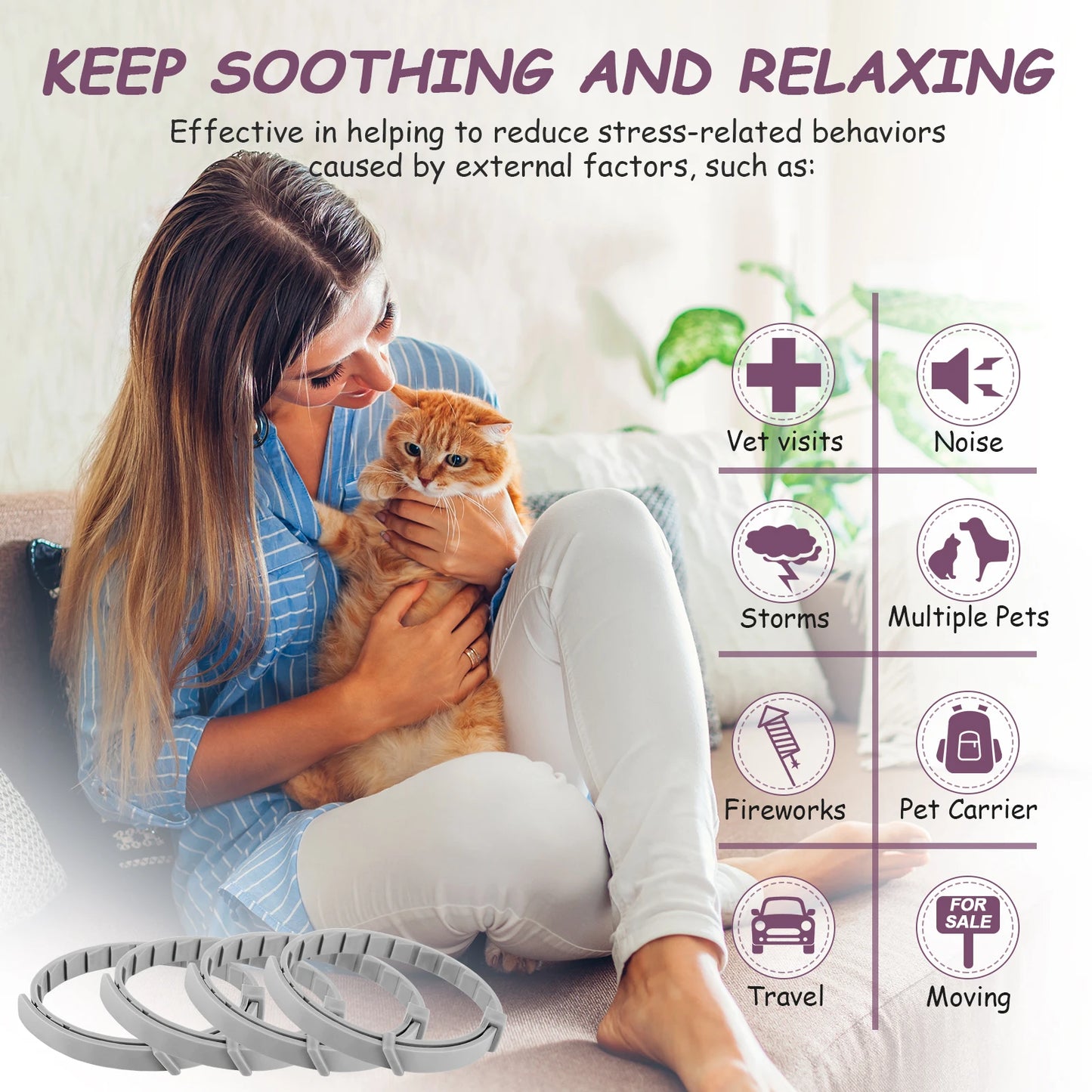 4Pcs Cat Calming Collar Soothing Collar Adjustable Cat Pheromone Collar Helps with Aggression Comfort Cat Calm Collar for Cats