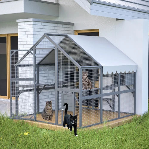 Advanced cat running large outdoor fence, wooden cat building with suspension bridge, comfortable cabin, 82 inch spacious area