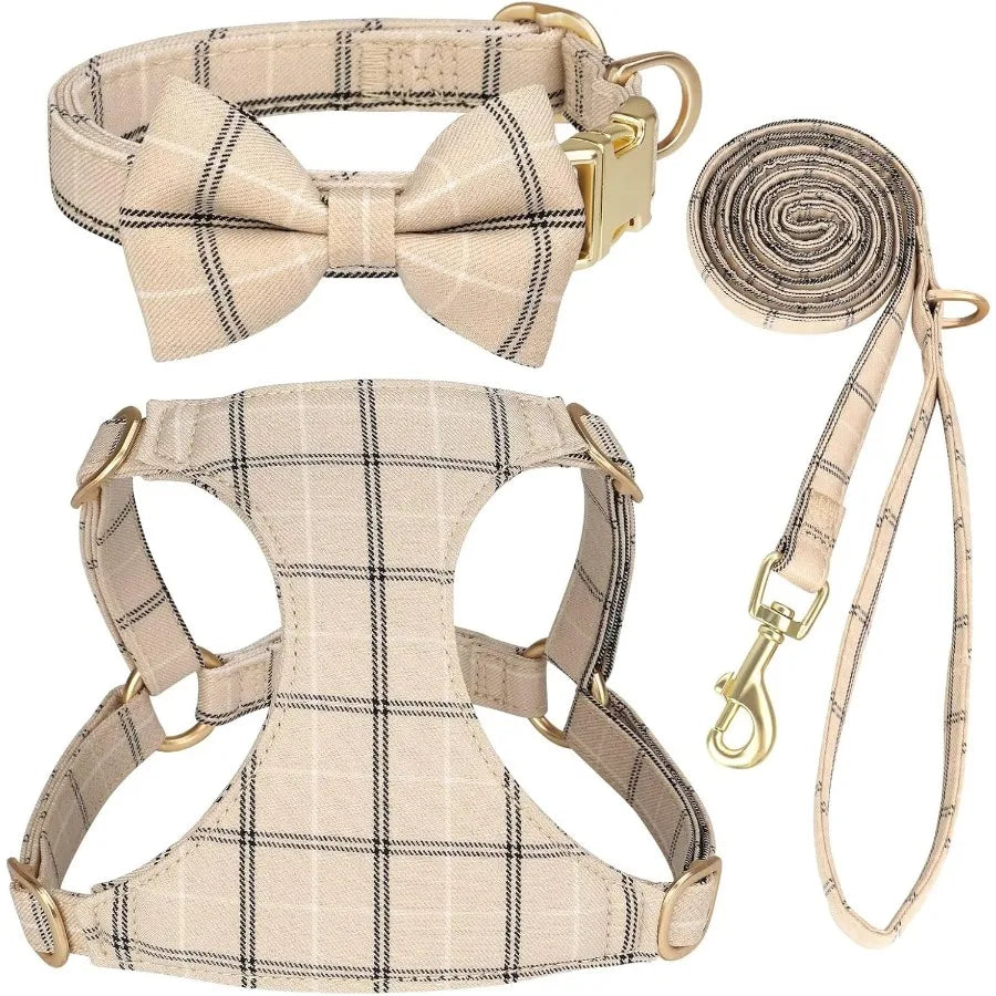 Cute Extra Small Dog Harness Collar and Leash Set with Bowtie Soft Adjustable Plaid Puppy Harness for Small Sized Dogs Cats Wal