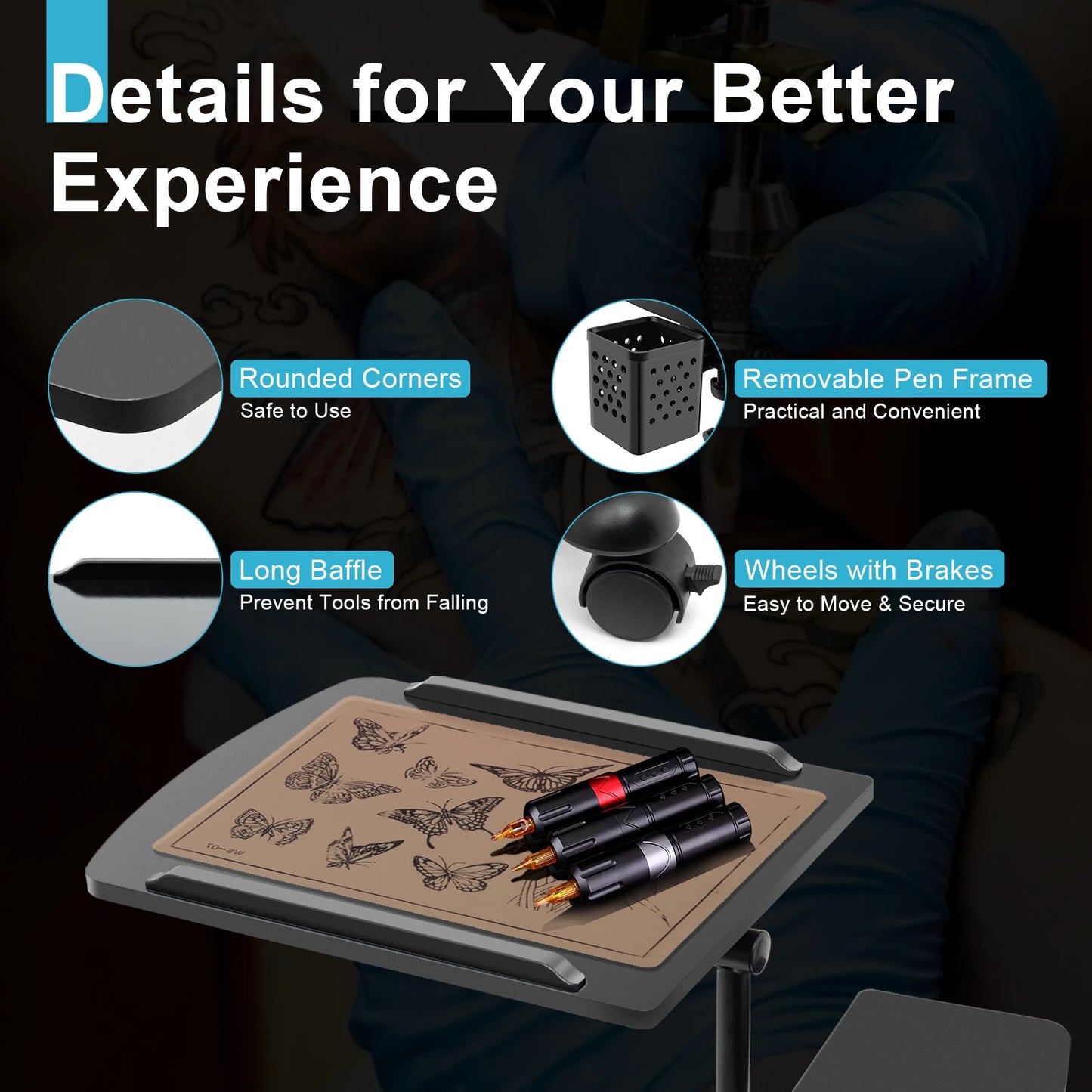 Adjustable Tattoo Station Table Rolling Tray Tattoo Workstation for Tattoo Studio Beauty Salon Medical Shop Salon Furniture