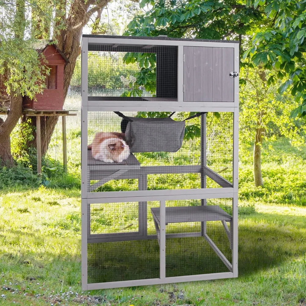 PET Catio Wooden Cat House, Outdoor 3 Floors Cat Enclosure, Indoor Large Kitten playpen with Hammock & Resting Box, Cat C