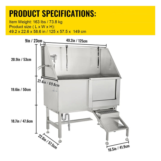 VEVOR 50 Inch Dog Grooming Tub Professional Stainless Steel Pet Dog Bath Tub With Steps Faucet & Accessories Dog Washing Station