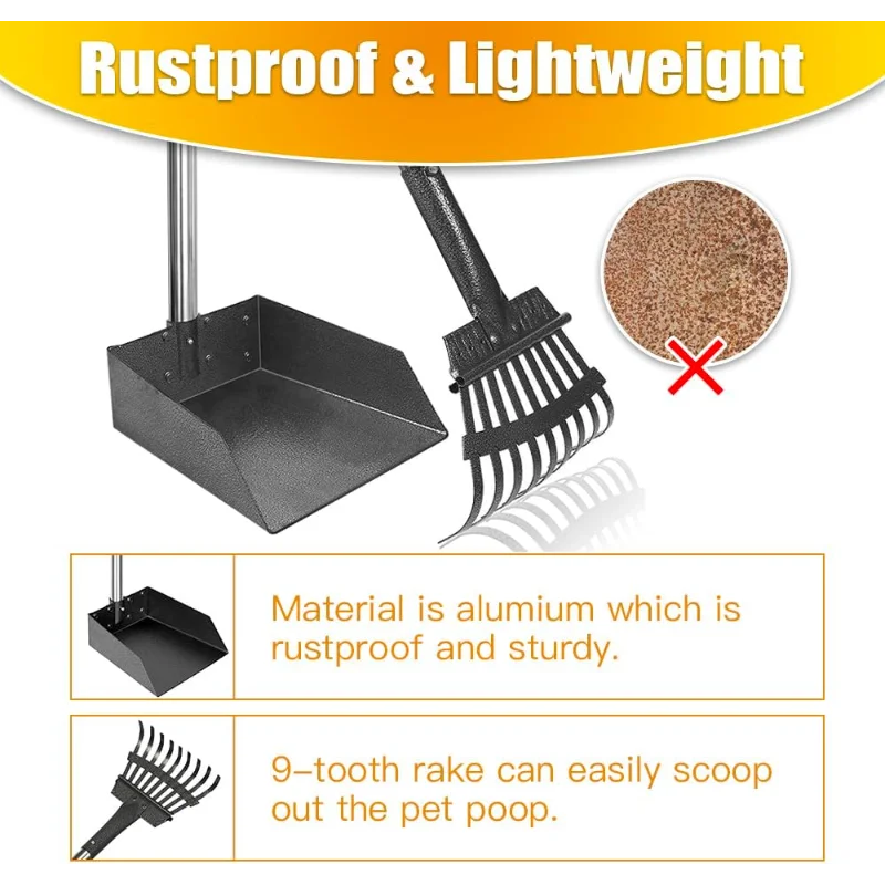 Dog Pooper Scooper Long Handle Stainless Metal Tray and Rake for Medium Small Dogs Heavy Duty Pet Supplies