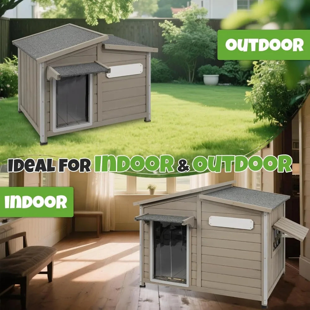 Outdoor Wooden Dog House, Weatherproof with Adjustable Vent Windows, Alloy Chew-Resistant Frame, Removable Floor