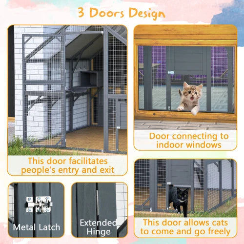 Advanced cat running large outdoor fence, wooden cat building with suspension bridge, comfortable cabin, 82 inch spacious area