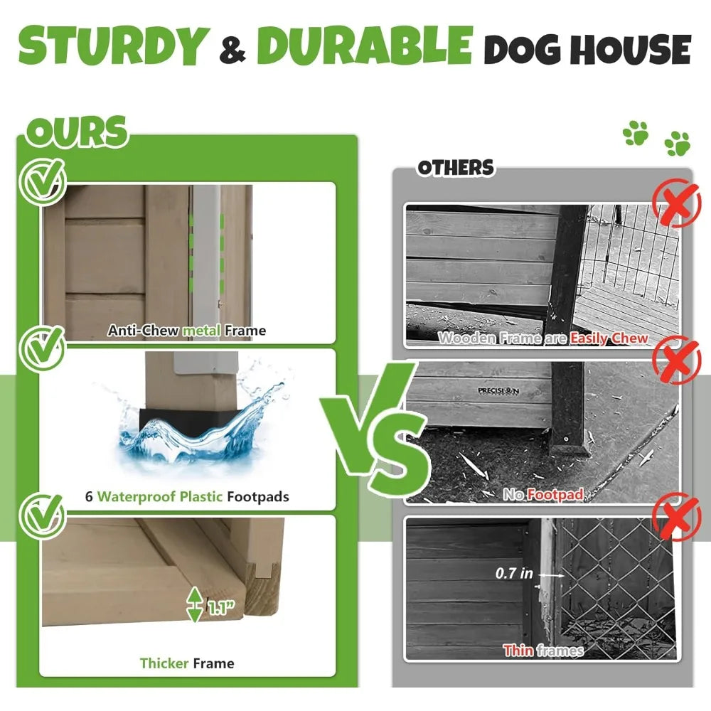 Outdoor Wooden Dog House, Weatherproof with Adjustable Vent Windows, Alloy Chew-Resistant Frame, Removable Floor