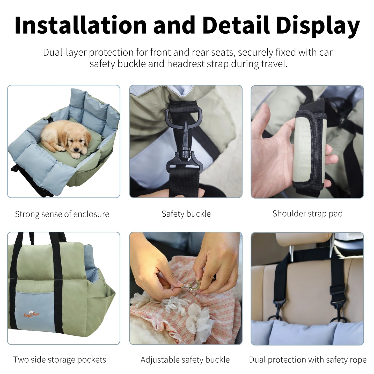 Dog Car Seat Safe & Cozy Travel Bed and Carrier for Small Dogs, Puppies, Pets up to 10 KG, Clip-On Leash & Storage Pockets