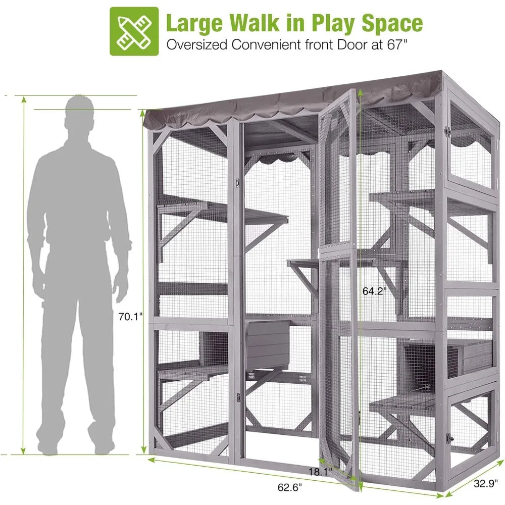 Catio Outdoor Cat Enclosure Large Walk in Window Cat House for Multiple Cats with 7 Platforms and 2 Resting Boxes, Tarp