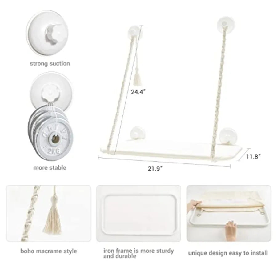 Cat Window Perch Macrame Boho Cat Hammock Wall Mounted Cat Bed for Indoor Cat Pet Resting Seat Safety Space Saving Cat Shelves