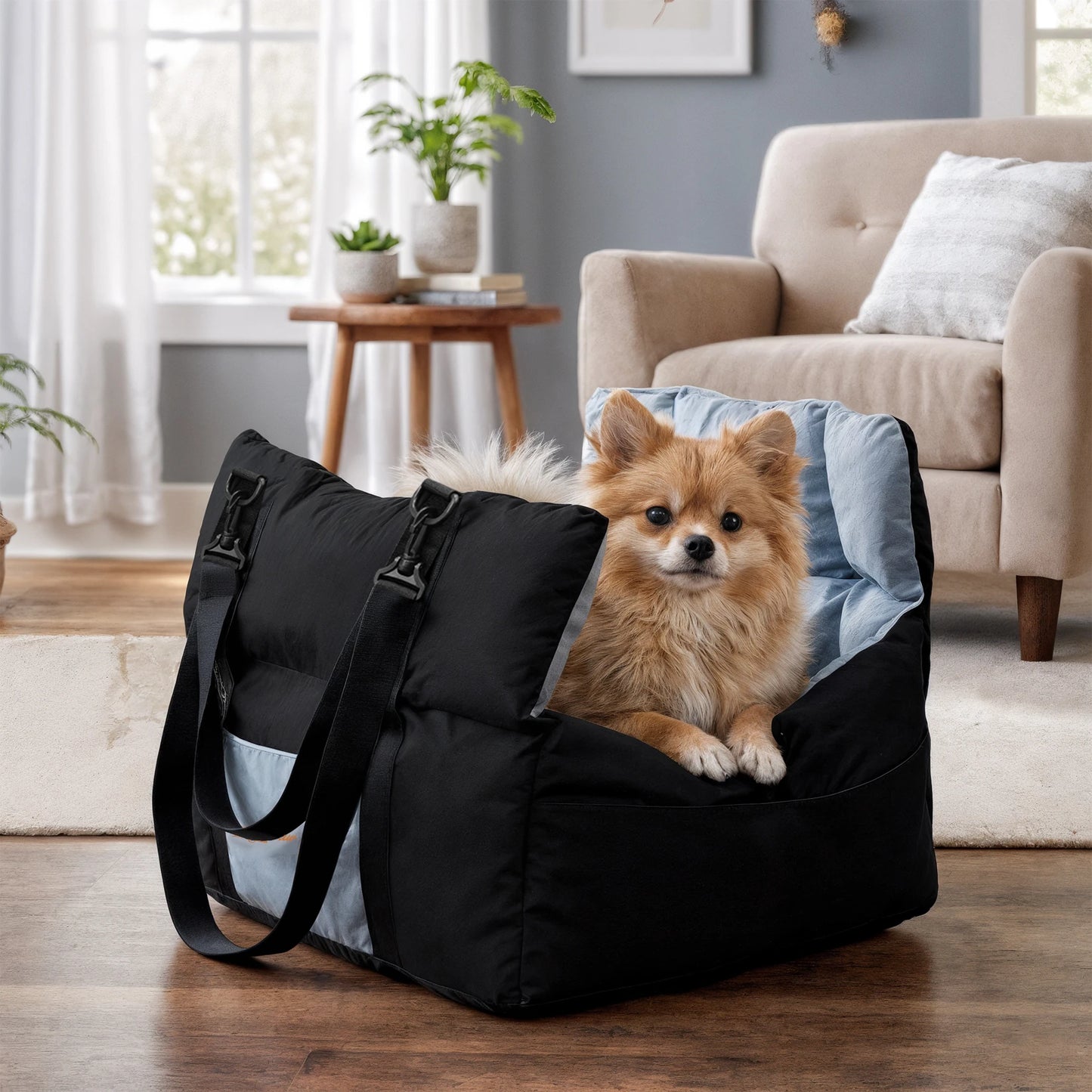 Dog Car Seat Safe & Cozy Travel Bed and Carrier for Small Dogs, Puppies, Pets up to 10 KG, Clip-On Leash & Storage Pockets