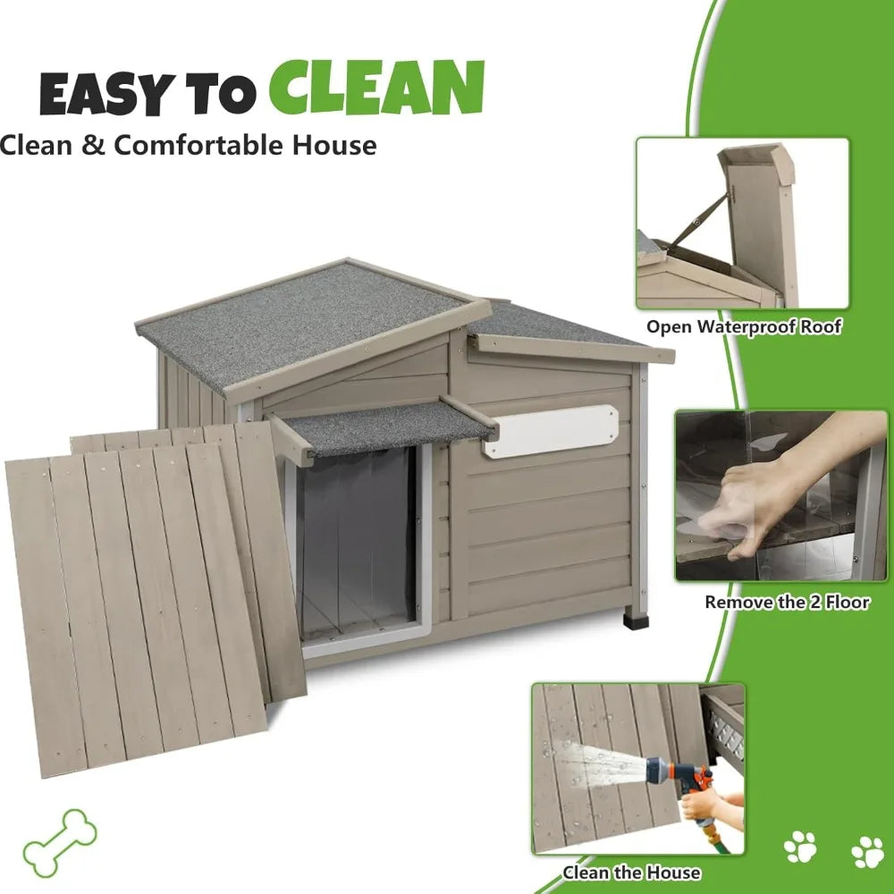 Outdoor Wooden Dog House, Weatherproof with Adjustable Vent Windows, Alloy Chew-Resistant Frame, Removable Floor