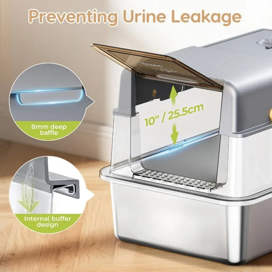 L7 ProStainless Steel Litter Box with Lid XXL Extra Large Enclosed Metal Cat Box for Kitty Big Cats Odor Control Cat Litter Deo