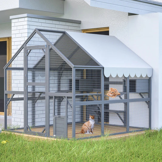 Advanced cat running large outdoor fence, wooden cat building with suspension bridge, comfortable cabin, 82 inch spacious area
