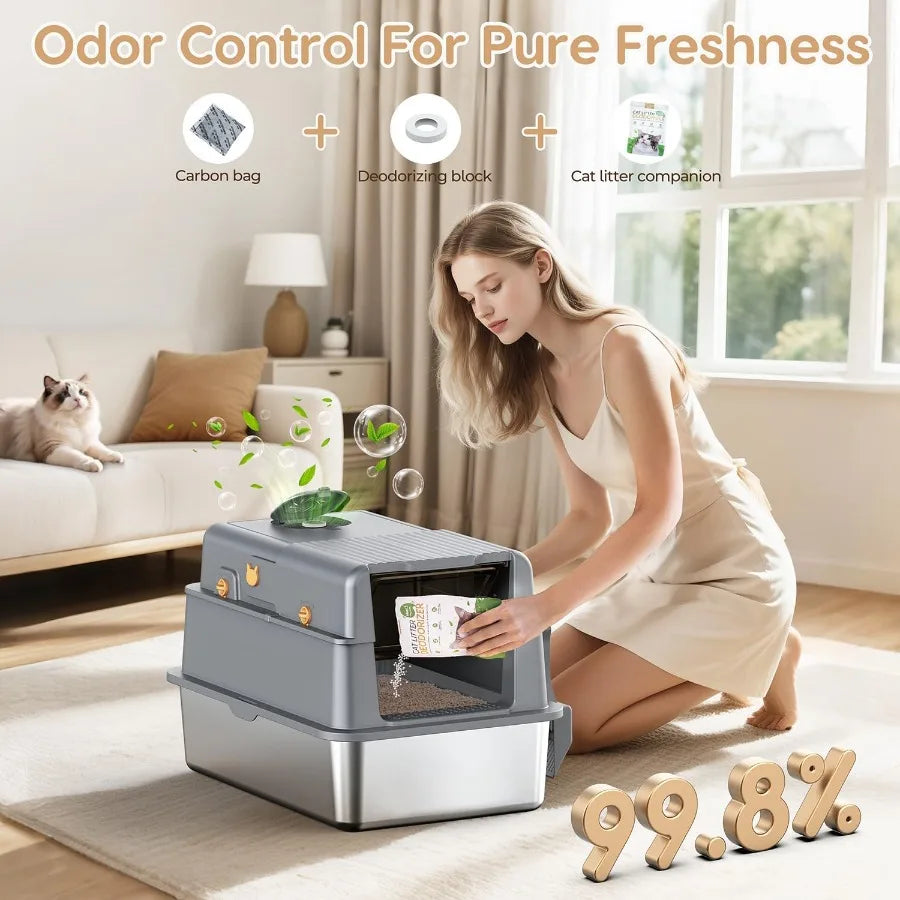 L7 ProStainless Steel Litter Box with Lid XXL Extra Large Enclosed Metal Cat Box for Kitty Big Cats Odor Control Cat Litter Deo