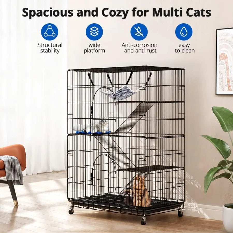 4-Tier Cat Cage 51 Inch Cat Crate Kennel Enclosure Playpen Large Metal Pet Cat Kitten Ferret Animal House Cage Indoor Outdoor w