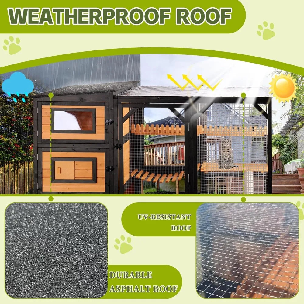 Catio Outdoor Cat Enclosures, Large 4 Tiers Wood Cat House, Cat Enclosure Connect to Window with Weatherproof Roof, 4 Platforms