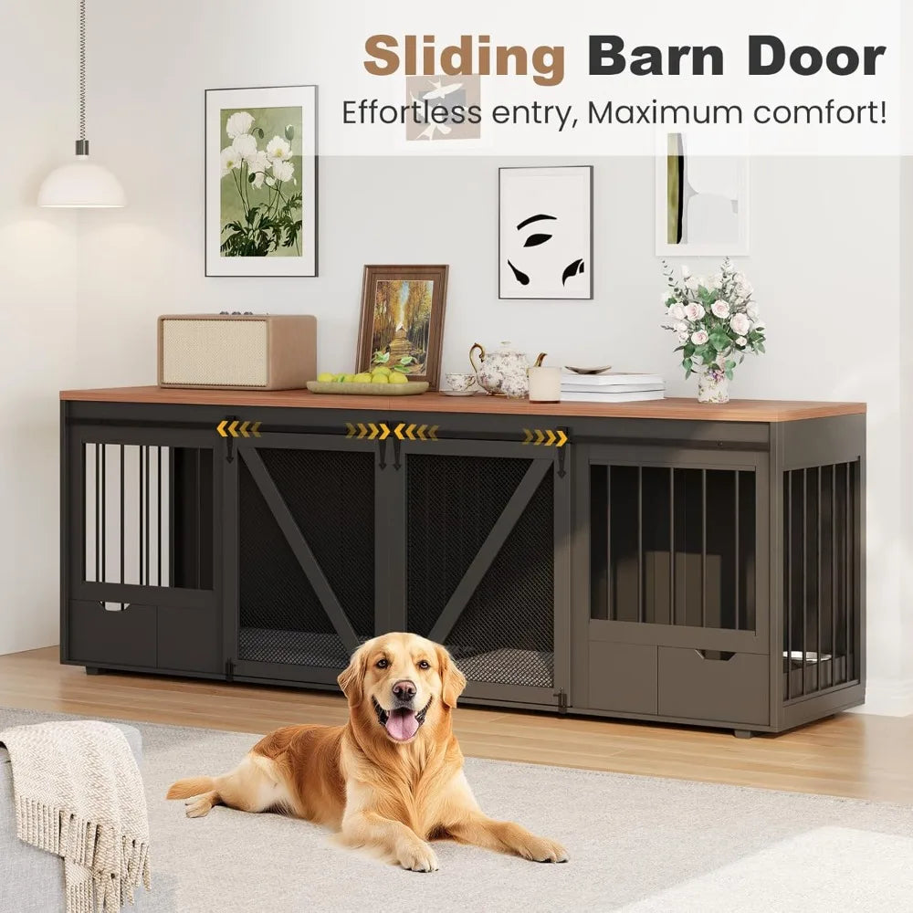 Furniture Style Large Dog Crate for 2 Dogs - 95" Heavy Duty Wooden Dog Kennel with Dog Bowl Drawers & Divider - Indoor Furniture