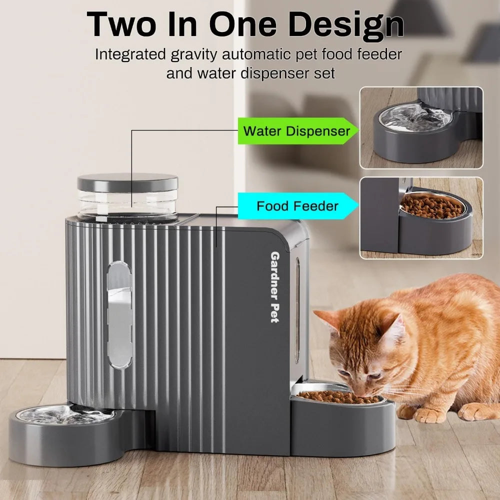 Automatic Gravity Cat Food Feeder and Water Dispenser Stainless Steel Two-in-One Set Large Capacity Dispenser for Pets Dogs, Pu