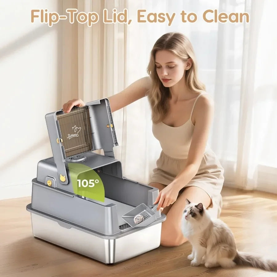 L7 ProStainless Steel Litter Box with Lid XXL Extra Large Enclosed Metal Cat Box for Kitty Big Cats Odor Control Cat Litter Deo
