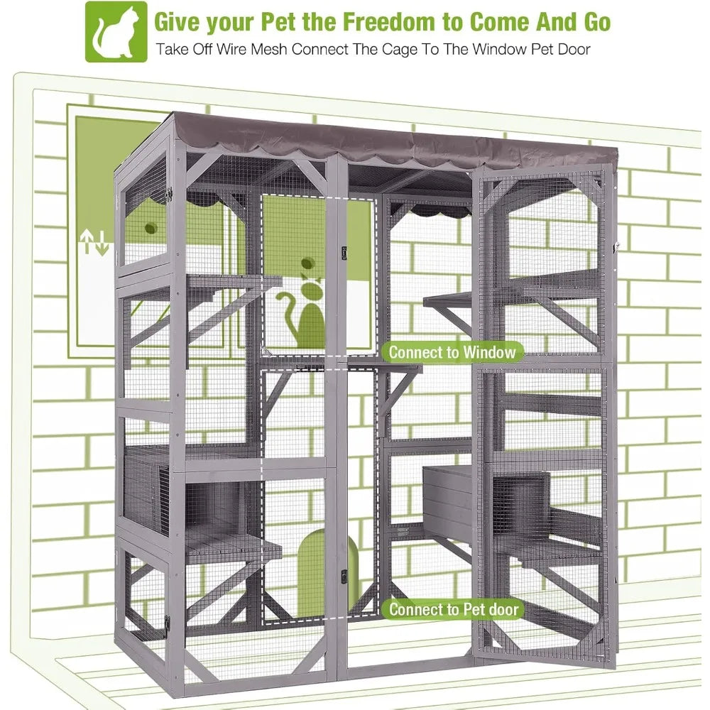 Catio Outdoor Cat Enclosure Large Walk in Window Cat House for Multiple Cats with 7 Platforms and 2 Resting Boxes, Tarp
