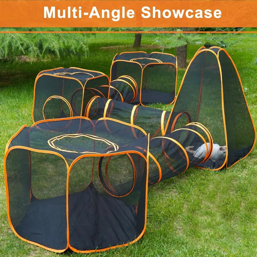 7 in 1 Outdoor Cat Enclosure, Foldable Pop-Up Mesh Playpen Tunnel for Pet Run, Foldable Outside Enclosed Tent Cage for Small Dog