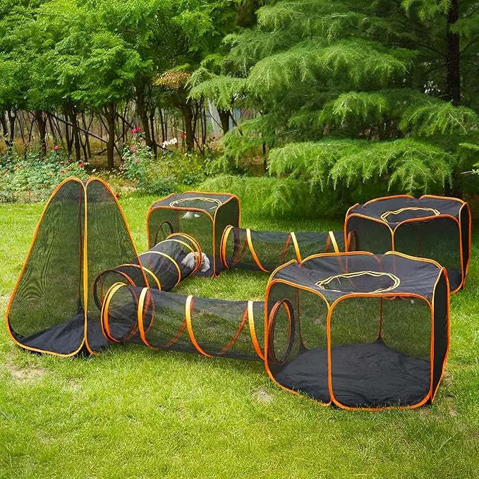 7 in 1 Outdoor Cat Enclosure, Foldable Pop-Up Mesh Playpen Tunnel for Pet Run, Foldable Outside Enclosed Tent Cage for Small Dog