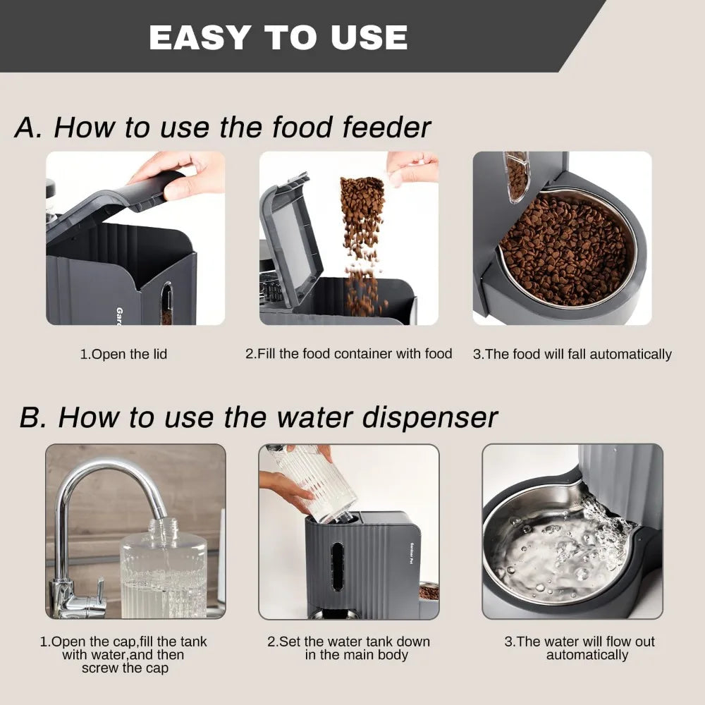 Automatic Gravity Cat Food Feeder and Water Dispenser Stainless Steel Two-in-One Set Large Capacity Dispenser for Pets Dogs, Pu