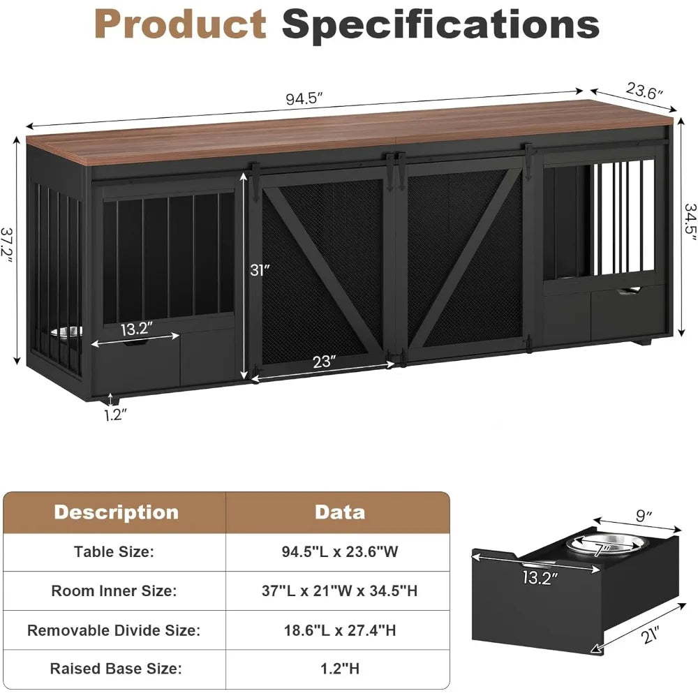 Furniture Style Large Dog Crate for 2 Dogs - 95" Heavy Duty Wooden Dog Kennel with Dog Bowl Drawers & Divider - Indoor Furniture