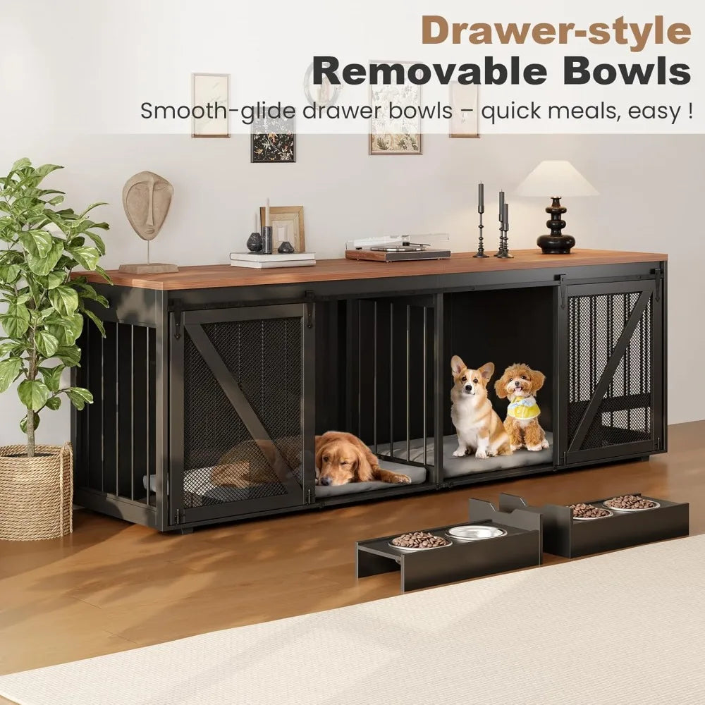 Furniture Style Large Dog Crate for 2 Dogs - 95" Heavy Duty Wooden Dog Kennel with Dog Bowl Drawers & Divider - Indoor Furniture