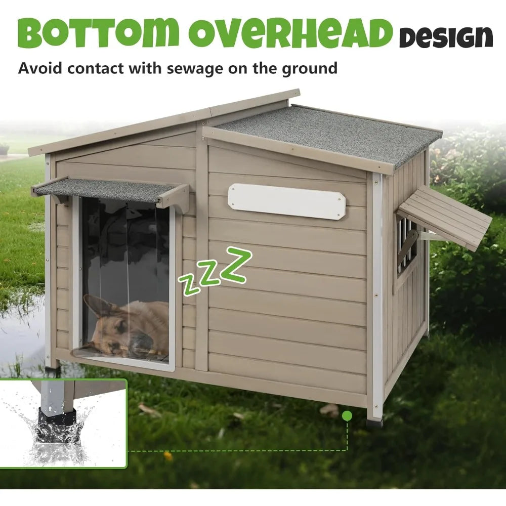 Outdoor Wooden Dog House, Weatherproof with Adjustable Vent Windows, Alloy Chew-Resistant Frame, Removable Floor