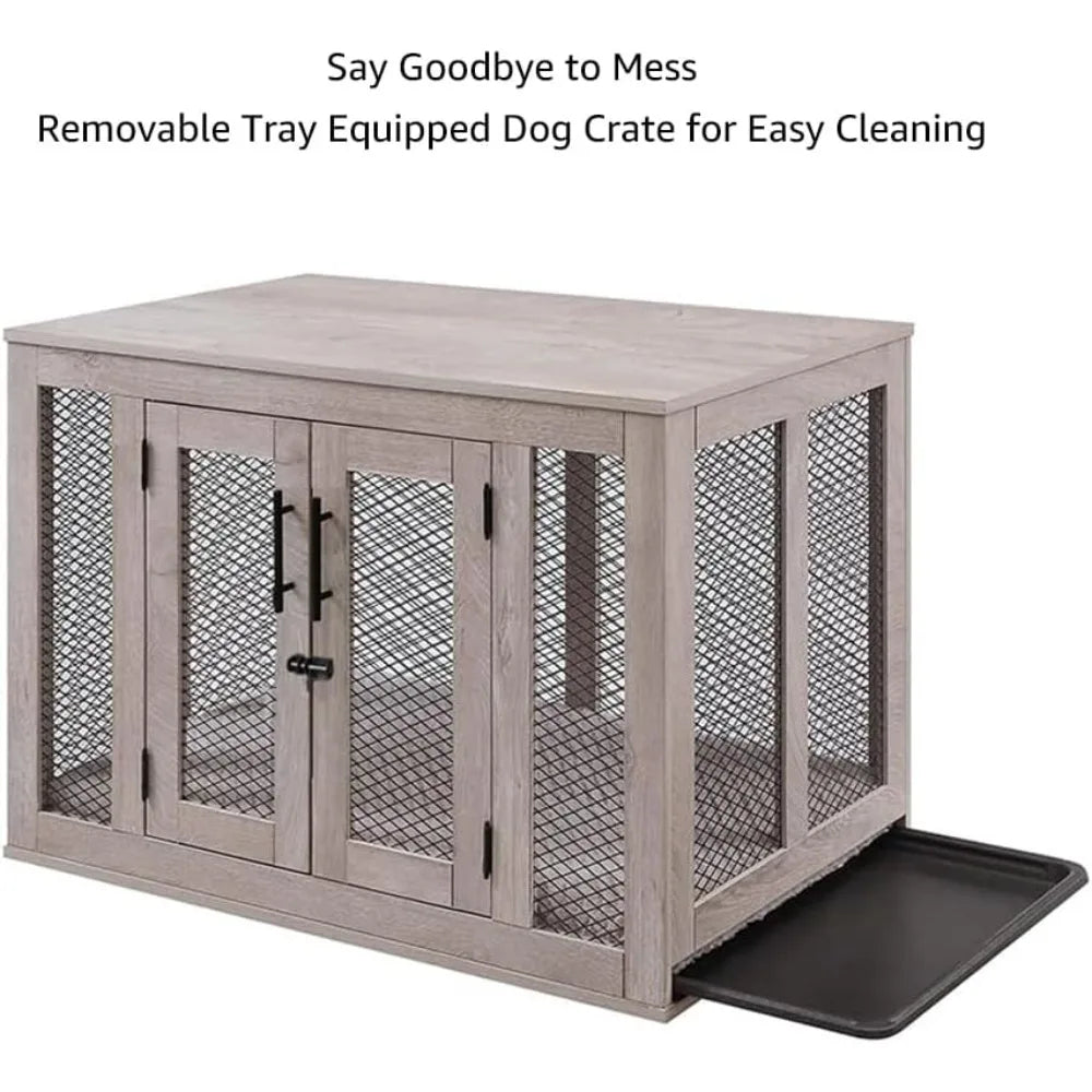 Furniture Style Dog Crate with Cushion and Tray, Mesh Dog Kennels with Double Doors, End Table Dog House, Medium Crate Indoor U
