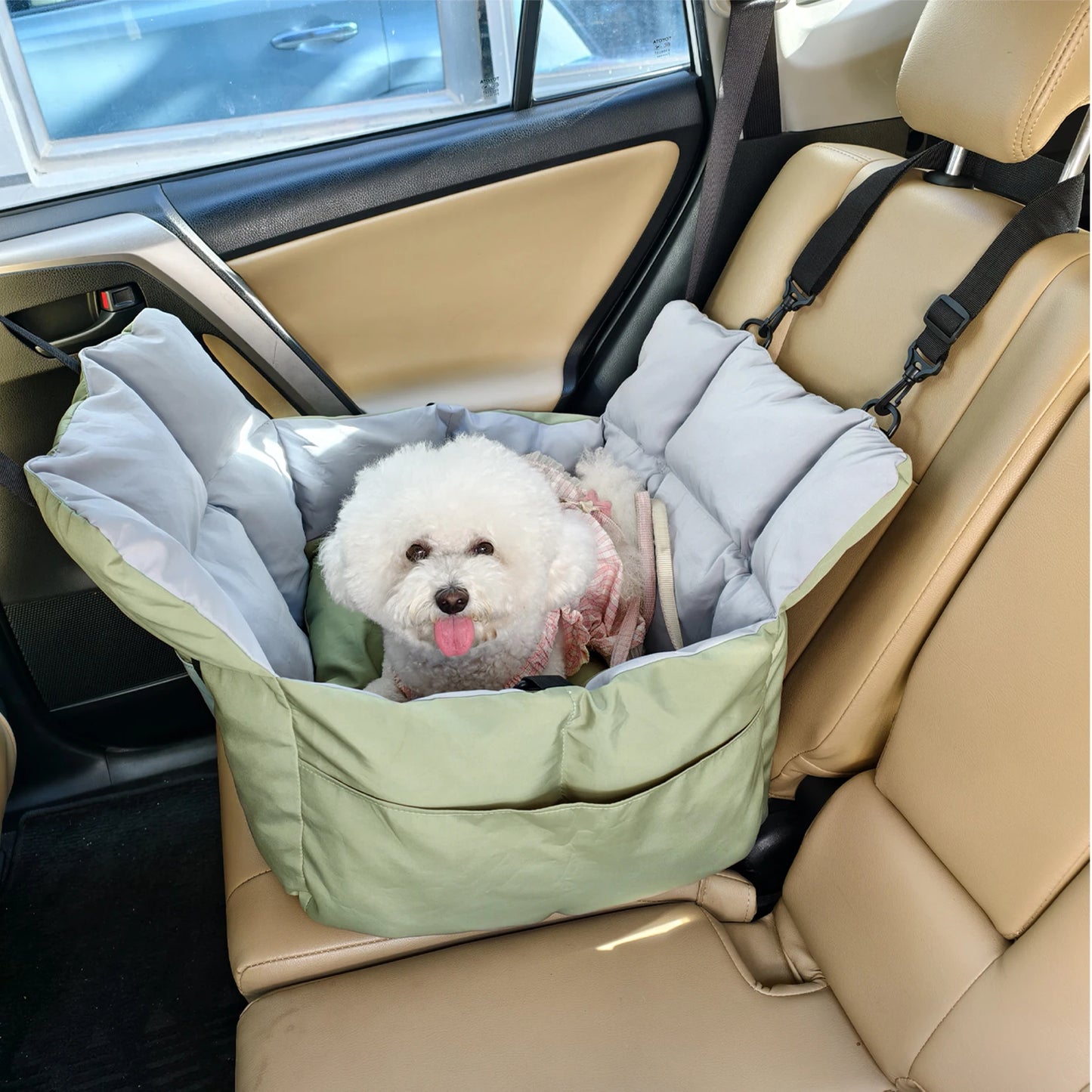 Dog Car Seat Safe & Cozy Travel Bed and Carrier for Small Dogs, Puppies, Pets up to 10 KG, Clip-On Leash & Storage Pockets