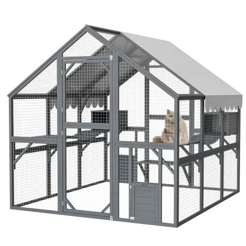 Advanced cat running large outdoor fence, wooden cat building with suspension bridge, comfortable cabin, 82 inch spacious area