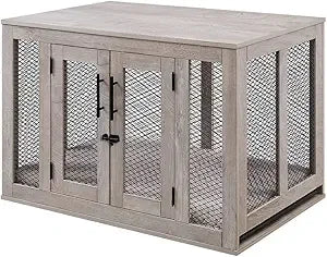 Furniture Style Dog Crate with Cushion and Tray, Mesh Dog Kennels with Double Doors, End Table Dog House, Medium Crate Indoor U
