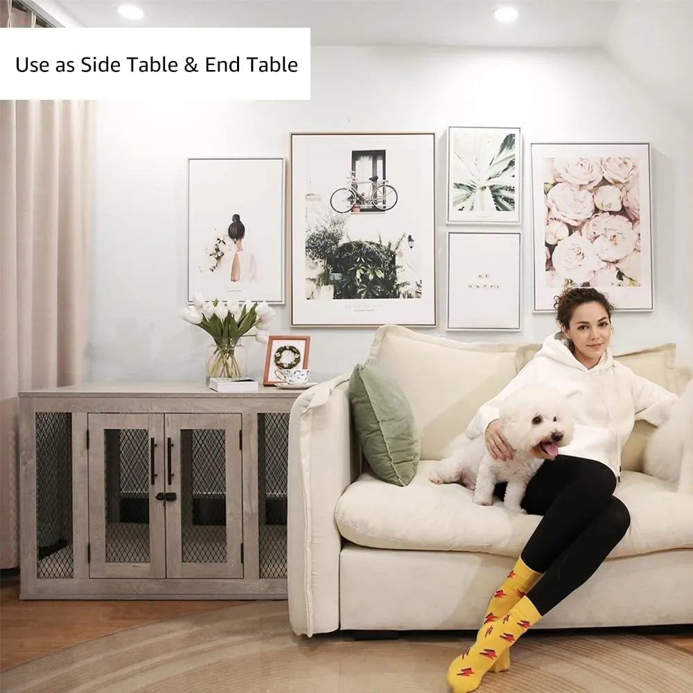 Furniture Style Dog Crate with Cushion and Tray, Mesh Dog Kennels with Double Doors, End Table Dog House, Medium Crate Indoor U